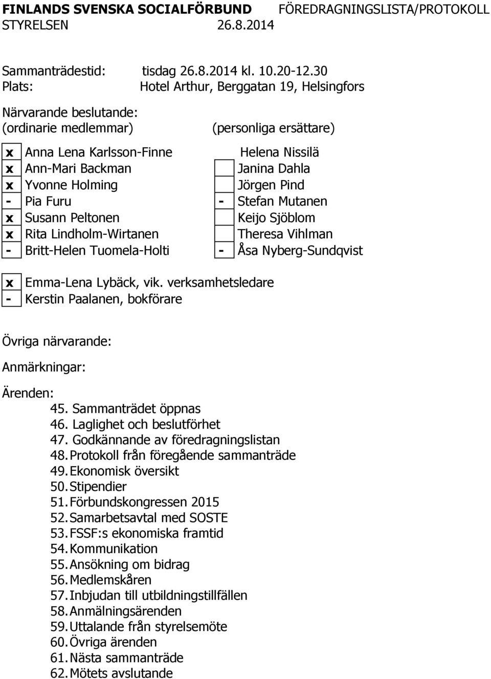 Yvonne Holming Jörgen Pind - Pia Furu - Stefan Mutanen x Susann Peltonen Keijo Sjöblom x Rita Lindholm-Wirtanen Theresa Vihlman - Britt-Helen Tuomela-Holti - Åsa Nyberg-Sundqvist x Emma-Lena Lybäck,