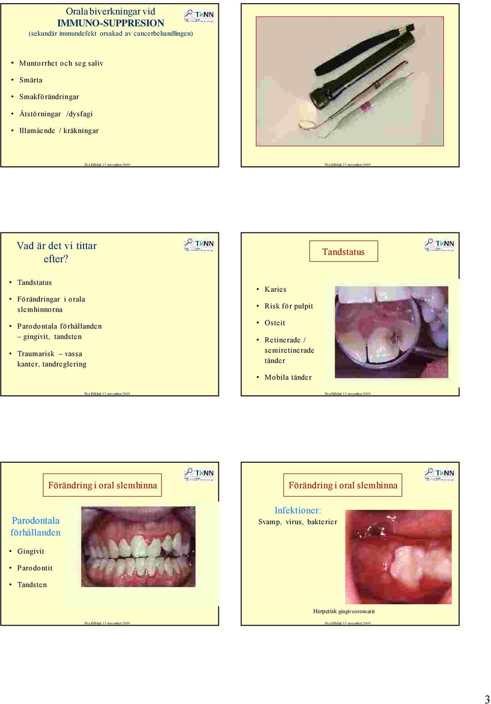 Tandstatus Tandstatus Förändringar i orala slemhinnorna Parodontala förhållanden gingivit, tandsten Traumarisk vassa kanter, tandreglering