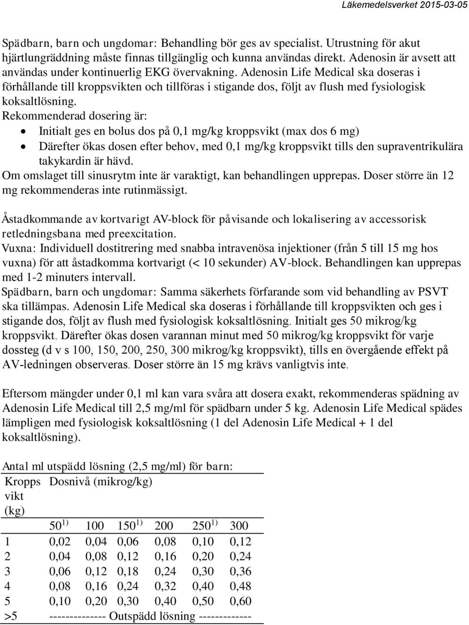 Adenosin Life Medical ska doseras i förhållande till kroppsvikten och tillföras i stigande dos, följt av flush med fysiologisk koksaltlösning.