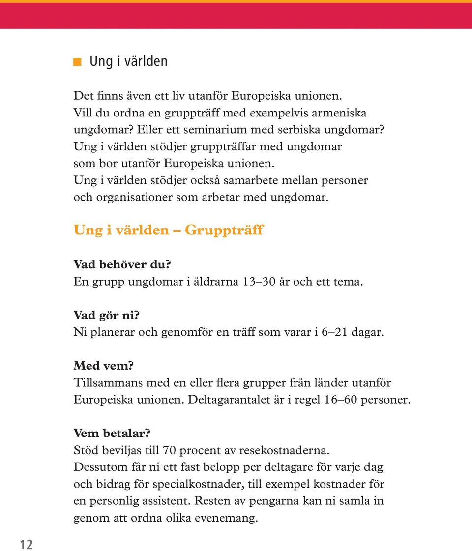 Ung i världen Gruppträff Vad behöver du? En grupp ungdomar i åldrarna 13 30 år och ett tema. Vad gör ni? Ni planerar och genomför en träff som varar i 6 21 dagar. Med vem?