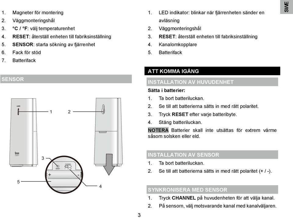 Batterifack Sensor 1 2 Att komma igång INSTALLATION AV Huvudenhet Sätta i batterier: 1. Ta bort batteriluckan. 2. Se till att batterierna sätts in med rätt polaritet. 3.