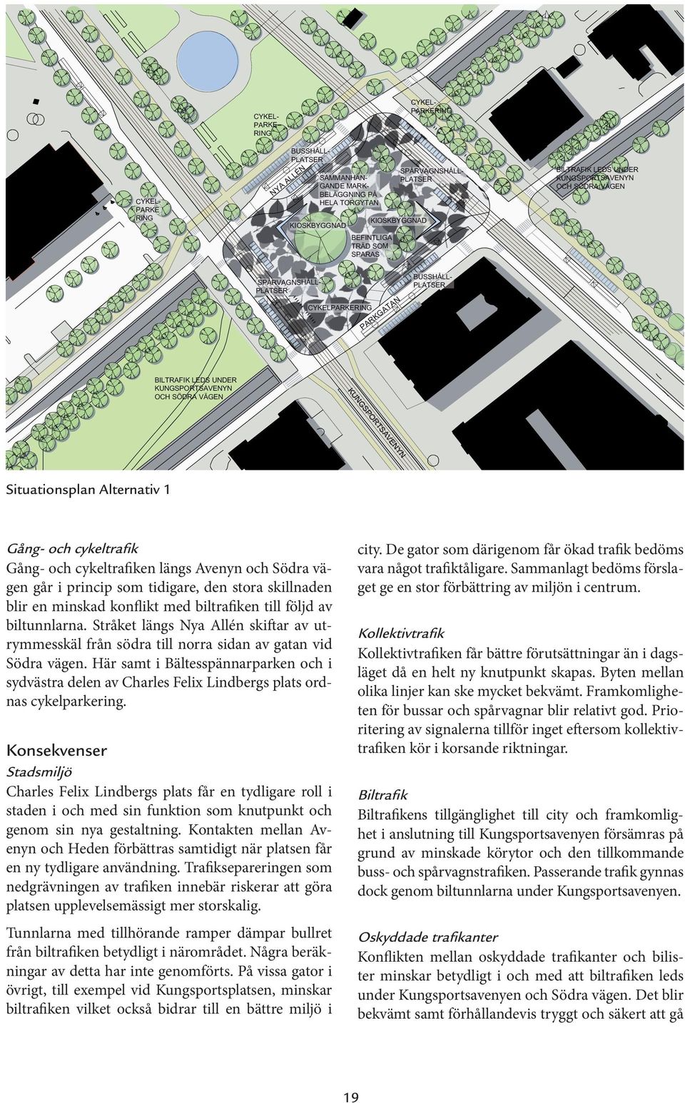 KUNGSPORTSAVENYN Situationsplan Alternativ 1 Gång- och cykeltrafik Gång- och cykeltrafiken längs Avenyn och Södra vägen går i princip som tidigare, den stora skillnaden blir en minskad konflikt med