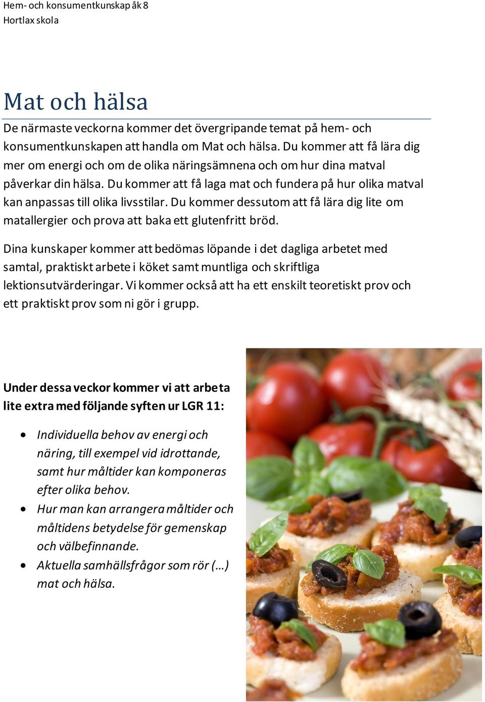 Du kommer att få laga mat och fundera på hur olika matval kan anpassas till olika livsstilar. Du kommer dessutom att få lära dig lite om matallergier och prova att baka ett glutenfritt bröd.