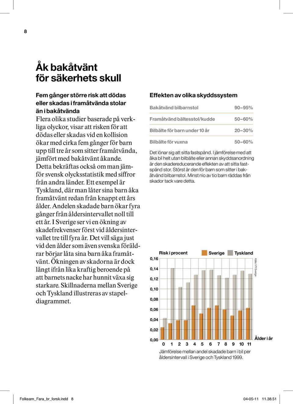 Detta bekräftas också om man jämför svensk olycksstatistik med siffror från andra länder. Ett exempel är Tyskland, där man låter sina barn åka framåtvänt redan från knappt ett års ålder.