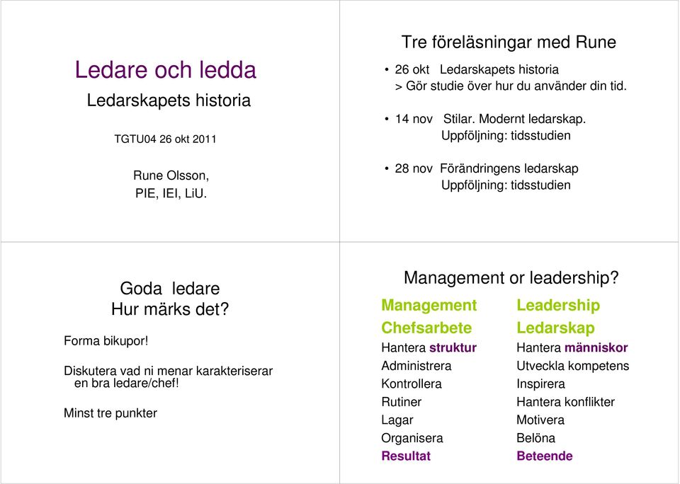 Uppföljning: tidsstudien 28 nov Förändringens ledarskap Uppföljning: tidsstudien Forma bikupor! Goda ledare Hur märks det?