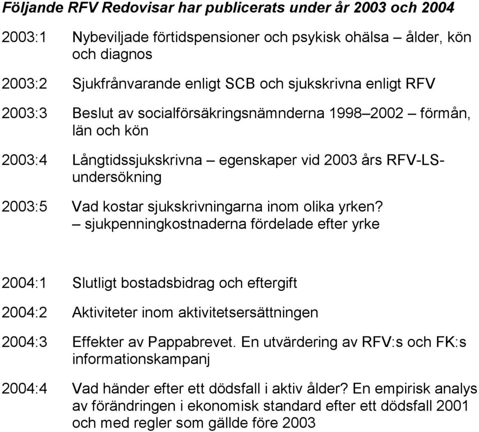 yrken? sjukpenningkostnaderna fördelade efter yrke 2004:1 Slutligt bostadsbidrag och eftergift 2004:2 Aktiviteter inom aktivitetsersättningen 2004:3 Effekter av Pappabrevet.
