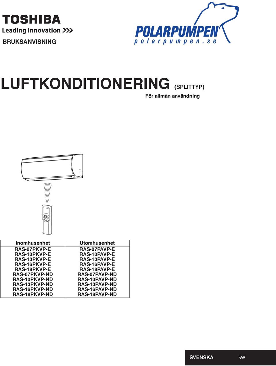 RAS-13PKVP-ND RAS-16PKVP-ND RAS-18PKVP-ND Utomhusenhet RAS-07PAVP-E RAS-10PAVP-E