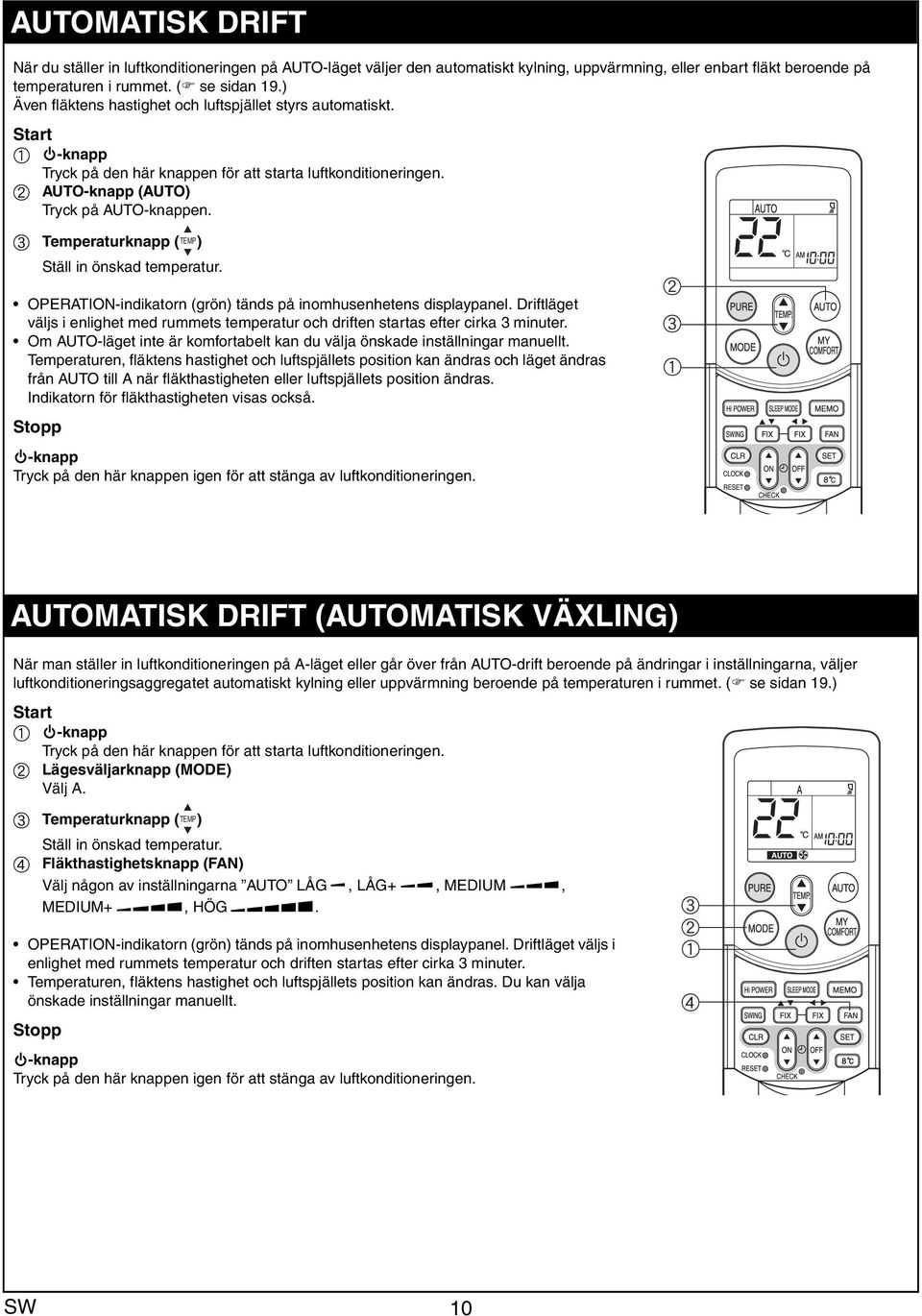 c Temperturknpp ( TEMP) Ställ in önskd tempertur. OPERATION-indiktorn (grön) tänds på inomhusenhetens displypnel.