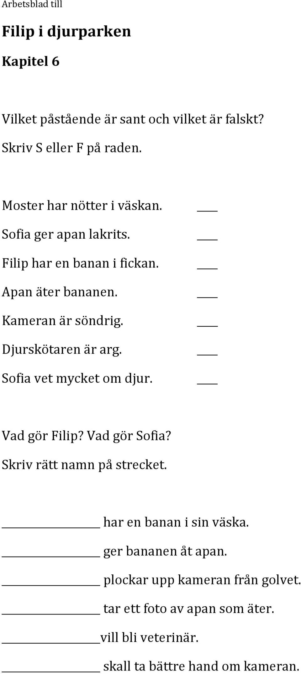 Sofia vet mycket om djur. Vad gör Filip? Vad gör Sofia? Skriv rätt namn på strecket. har en banan i sin väska.