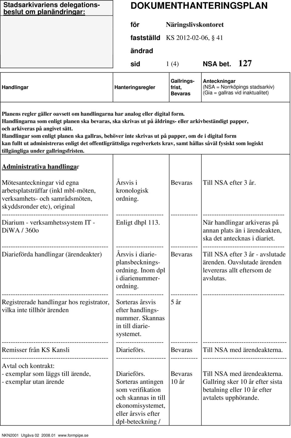 na som enligt planen ska bevaras, ska skrivas ut på åldrings eller arkivbeständigt papper, och arkiveras på angivet sätt.