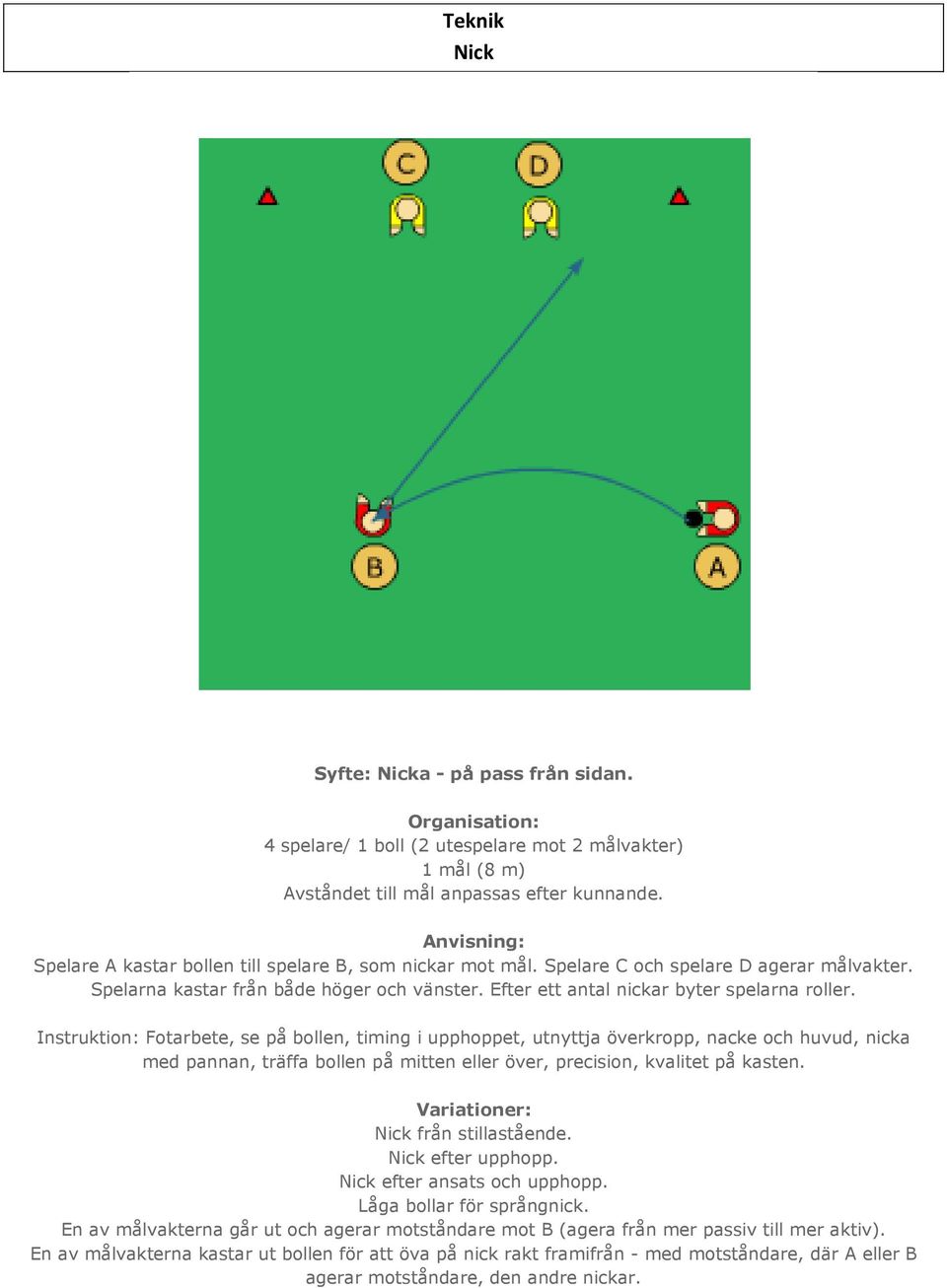 Instruktion: Fotarbete, se på bollen, timing i upphoppet, utnyttja överkropp, nacke och huvud, nicka med pannan, träffa bollen på mitten eller över, precision, kvalitet på kasten. från stillastående.