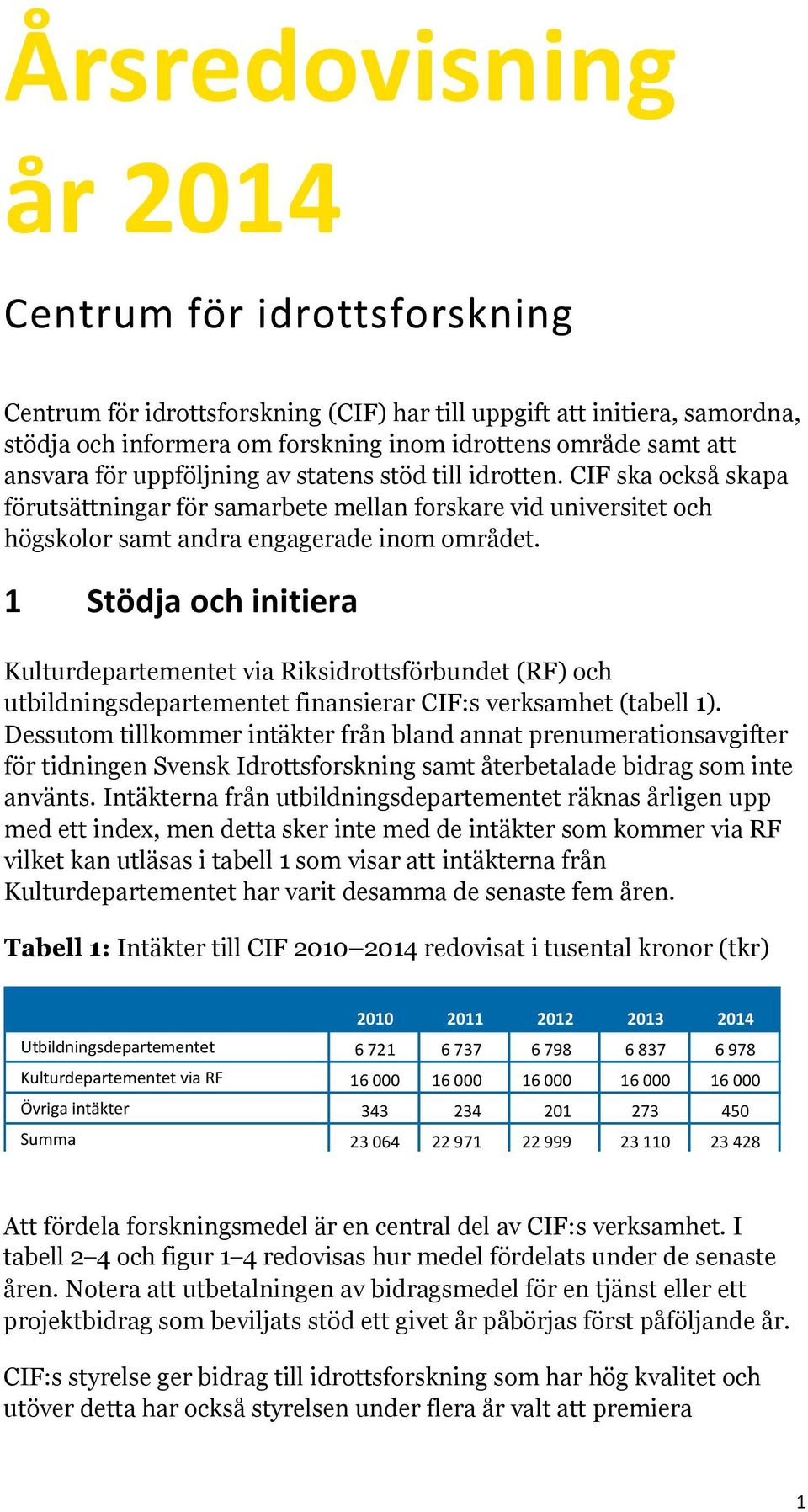 1 Stödja och initiera Kulturdepartementet via Riksidrottsförbundet (RF) och utbildningsdepartementet finansierar CIF:s verksamhet (tabell 1).