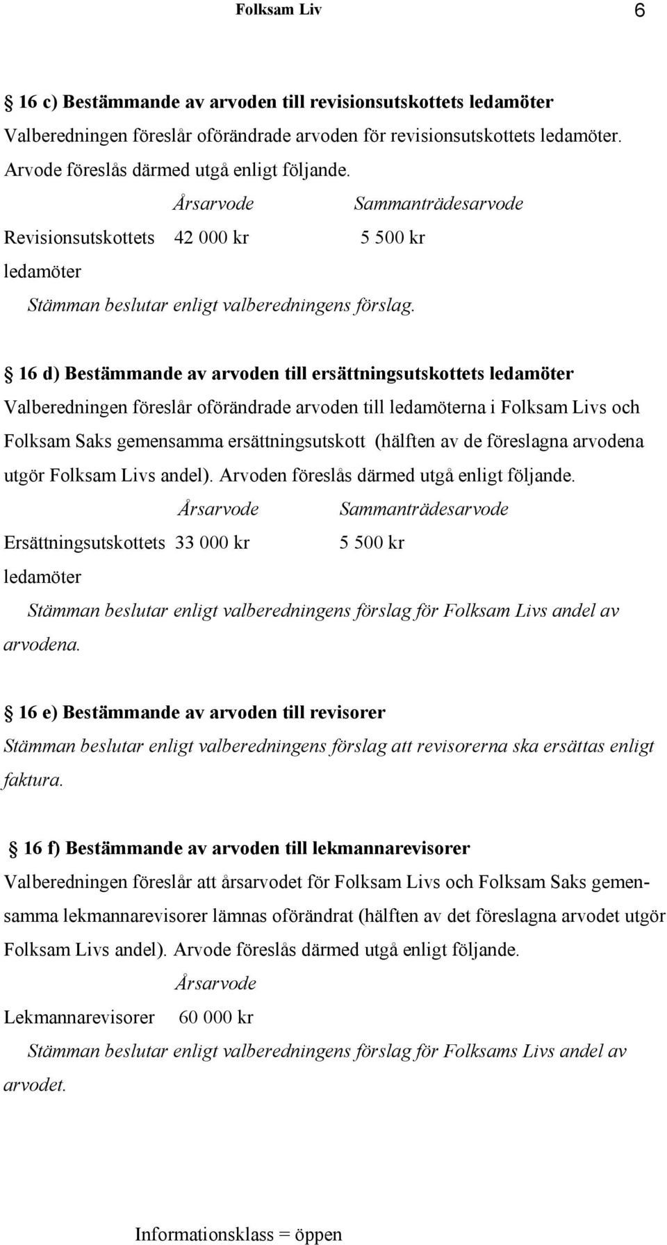 16 d) Bestämmande av arvoden till ersättningsutskottets ledamöter Valberedningen föreslår oförändrade arvoden till ledamöterna i Folksam Livs och Folksam Saks gemensamma ersättningsutskott (hälften