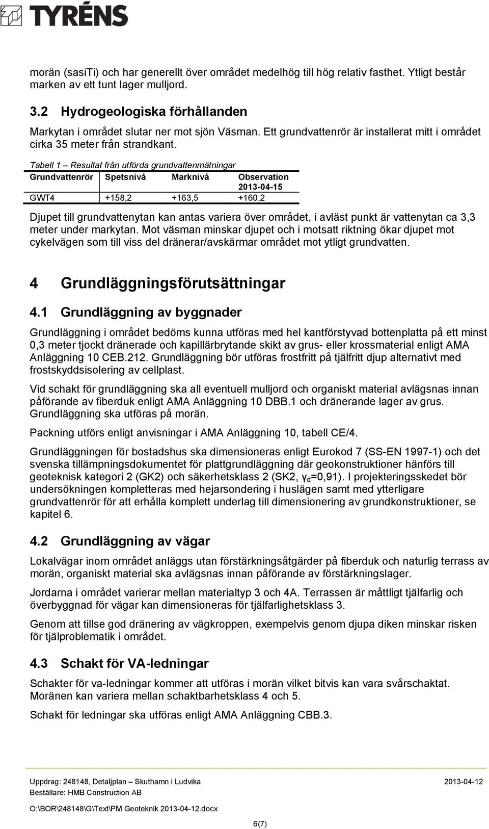 Tabell 1 Resultat från utförda grundvattenmätningar Grundvattenrör Spetsnivå Marknivå Observation 2013-04-15 GWT4 +158,2 +163,5 +160,2 Djupet till grundvattenytan kan antas variera över området, i