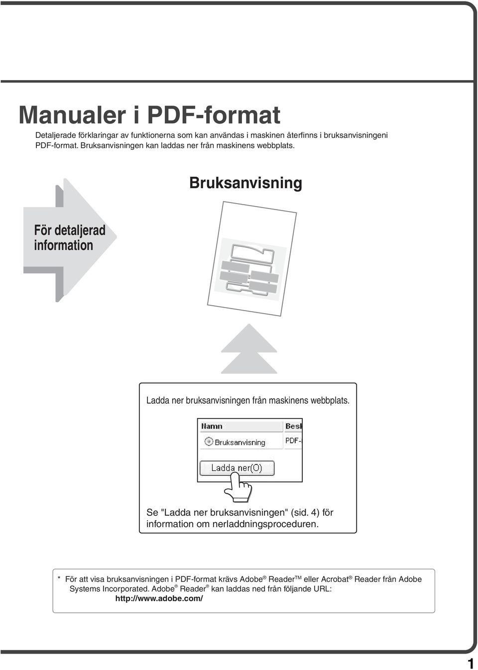 Bruksanvisning För detaljerad information Ladda ner bruksanvisningen från maskinens webbplats. Se "Ladda ner bruksanvisningen" (sid.