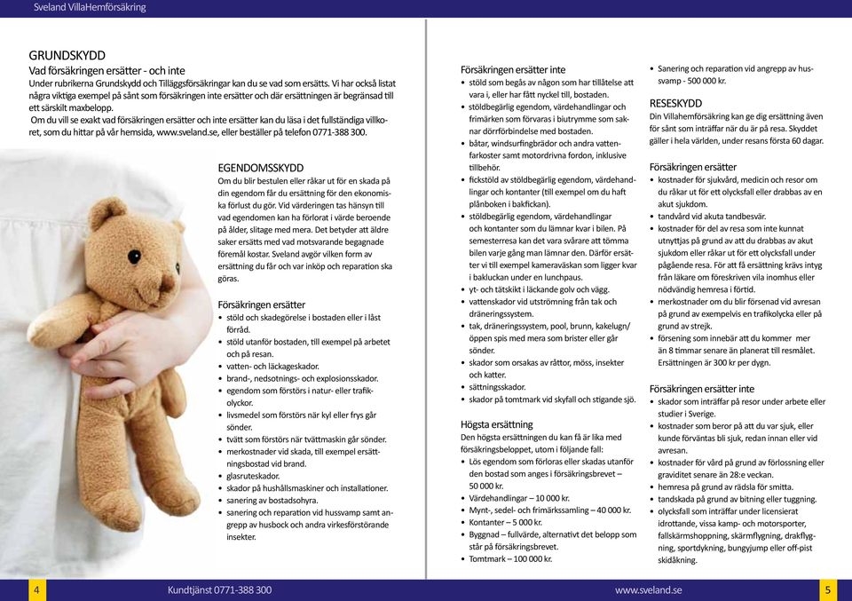 Om du vill se exakt vad försäkringen ersätter och inte ersätter kan du läsa i det fullständiga villkoret, som du hittar på vår hemsida, www.sveland.se, eller beställer på telefon 0771-388 300.