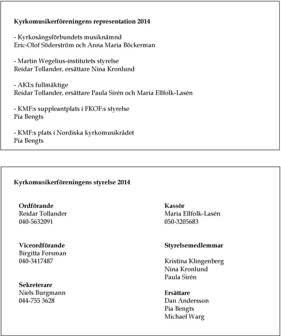 KMF:s plats i Nordiska kyrkomusikrådet Pia Bengts Kyrkomusikerföreningens styrelse 2014 Ordförande Reidar Tollander 040-5632091 Kassör Maria Ellfolk-Lasén 050-3205683