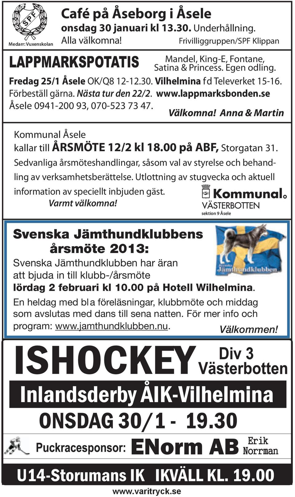 Anna & Martin Kommunal Åsele kallar till ÅRSMÖTE 12/2 kl 18.00 på ABF, Storgatan 31. Sedvanliga årsmöteshandlingar, såsom val av styrelse och behandling av verksamhetsberättelse.