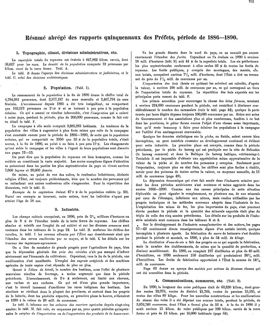 15 donne l'aperçu des divisions administratives et judiciaires, et le tabl. C. celui des divisions ecclésiastiques. 2. Population. (Tabl. 1).