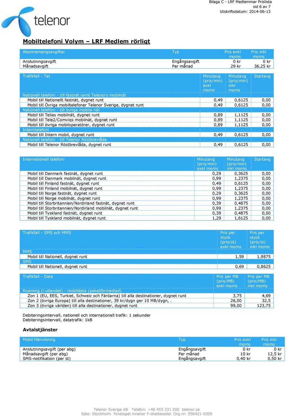 mobilnät, dygnet runt 0,89 1,1125 0,00 Mobil till Tele2/Comviqs mobilnät, dygnet runt 0,89 1,1125 0,00 Mobil till övriga mobiloperatörer, dygnet runt 0,89 1,1125 0,00 Interntelefoni Mobil till Intern