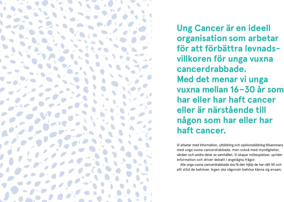 Vi arbetar med information, utbildning och opinionsbildning tillsammans med unga vuxna cancerdrabbade, men också med myndigheter, vården och andra delar av