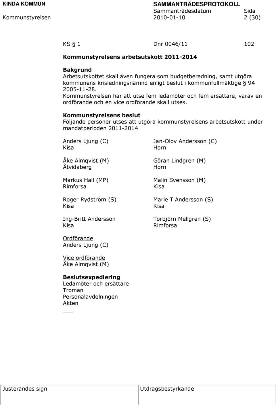Följande personer utses att utgöra kommunstyrelsens arbetsutskott under mandatperioden 2011-2014 Anders Ljung (C) Åke Almqvist (M) Åtvidaberg Markus Hall (MP) Rimforsa Roger Rydström (S)