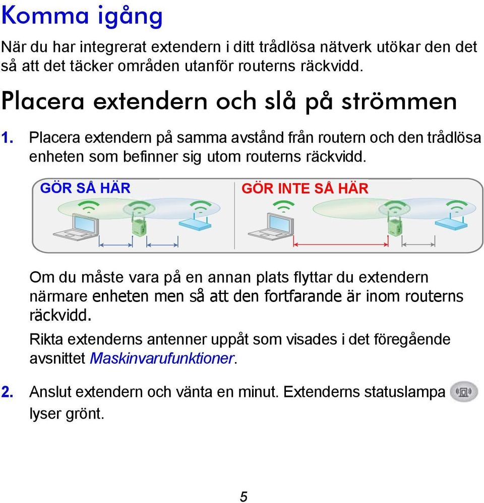 GÖR SÅ HÄR GÖR INTE SÅ HÄR Om du måste vara på en annan plats flyttar du extendern närmare enheten men så att den fortfarande är inom routerns räckvidd.