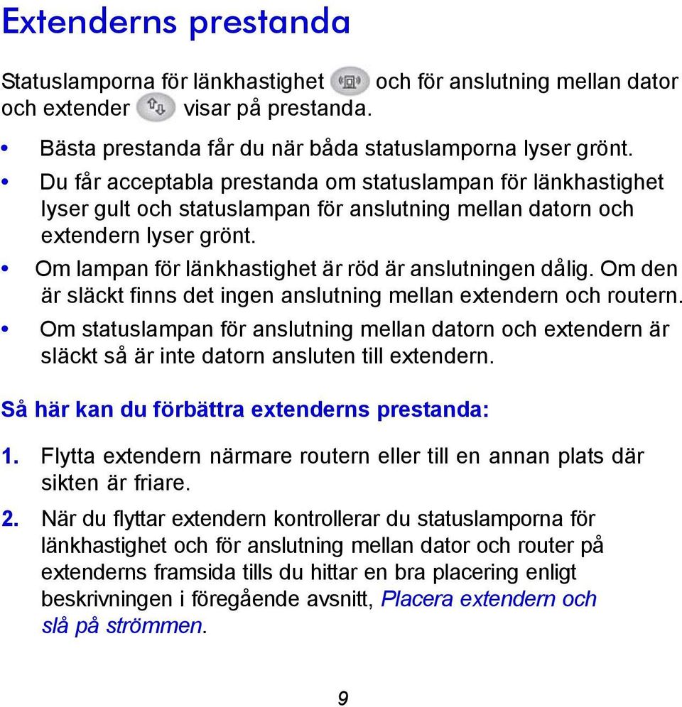 Om lampan för länkhastighet är röd är anslutningen dålig. Om den är släckt finns det ingen anslutning mellan extendern och routern.