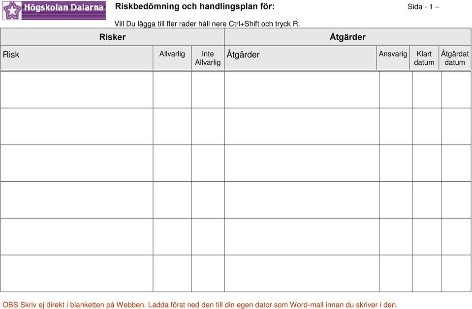 Åtgärder Risk Allvarlig Inte Allvarlig Åtgärder Ansvarig Klart datum Åtgärdat