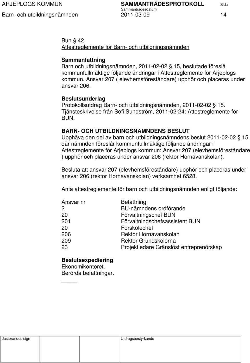 Beslutsunderlag Protokollsutdrag Barn- och utbildningsnämnden, 2011-02-02 15. Tjänsteskrivelse från Sofi Sundström, 2011-02-24: Attestreglemente för BUN.