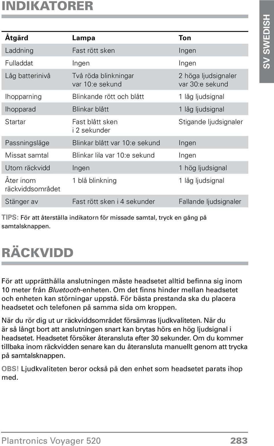 Ingen Stigande ljudsignaler Utom räckvidd Ingen 1 hög ljudsignal Åter inom räckviddsområdet 1 blå blinkning 1 låg ljudsignal Stänger av Fast rött sken i 4 sekunder Fallande ljudsignaler Tips: För att