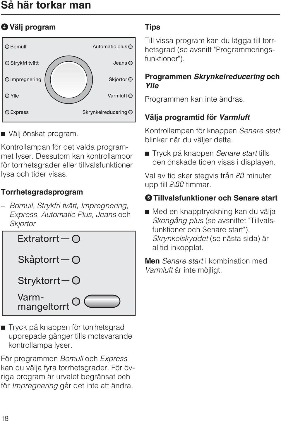 Torrhetsgradsprogram Bomull, Strykfri tvätt, Impregnering, Express, Automatic Plus, Jeans och Skjortor Välja programtid för Varmluft Kontrollampan för knappen Senare start blinkar när du väljer detta.