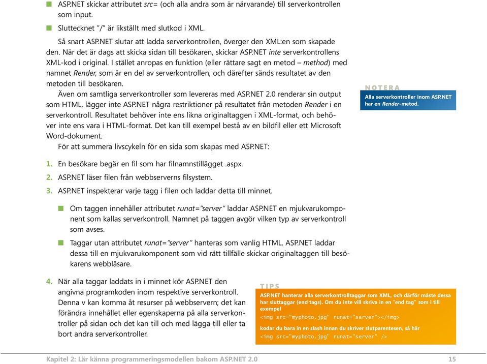 I stället anropas en funktion (eller rättare sagt en metod method) med namnet Render, som är en del av serverkontrollen, och därefter sänds resultatet av den metoden till besökaren.
