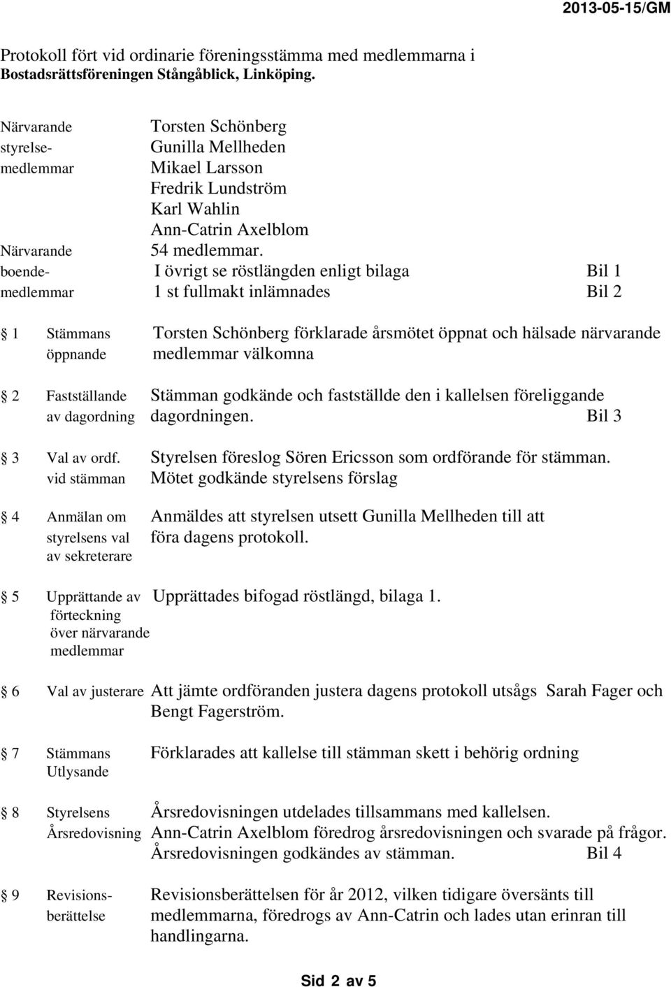 boende- I övrigt se röstlängden enligt bilaga Bil 1 medlemmar 1 st fullmakt inlämnades Bil 2 1 Stämmans Torsten Schönberg förklarade årsmötet öppnat och hälsade närvarande öppnande medlemmar välkomna