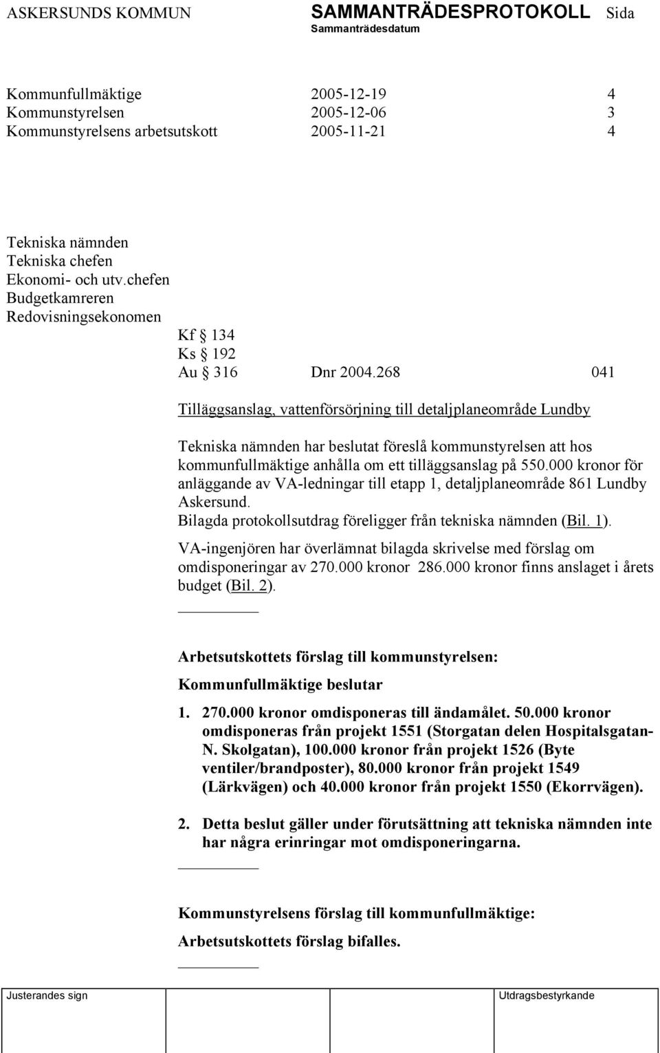 268 041 Tilläggsanslag, vattenförsörjning till detaljplaneområde Lundby Tekniska nämnden har beslutat föreslå kommunstyrelsen att hos kommunfullmäktige anhålla om ett tilläggsanslag på 550.