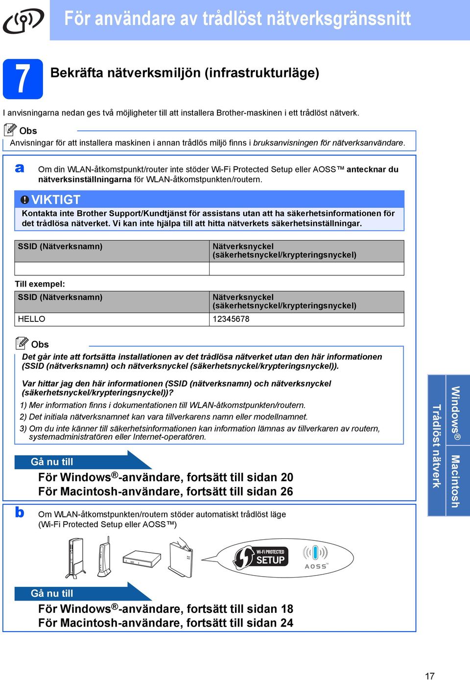 Om din WLAN-åtkomstpunkt/router inte stöder Wi-Fi Protected Setup eller AOSS ntecknr du nätverksinställningrn för WLAN-åtkomstpunkten/routern.