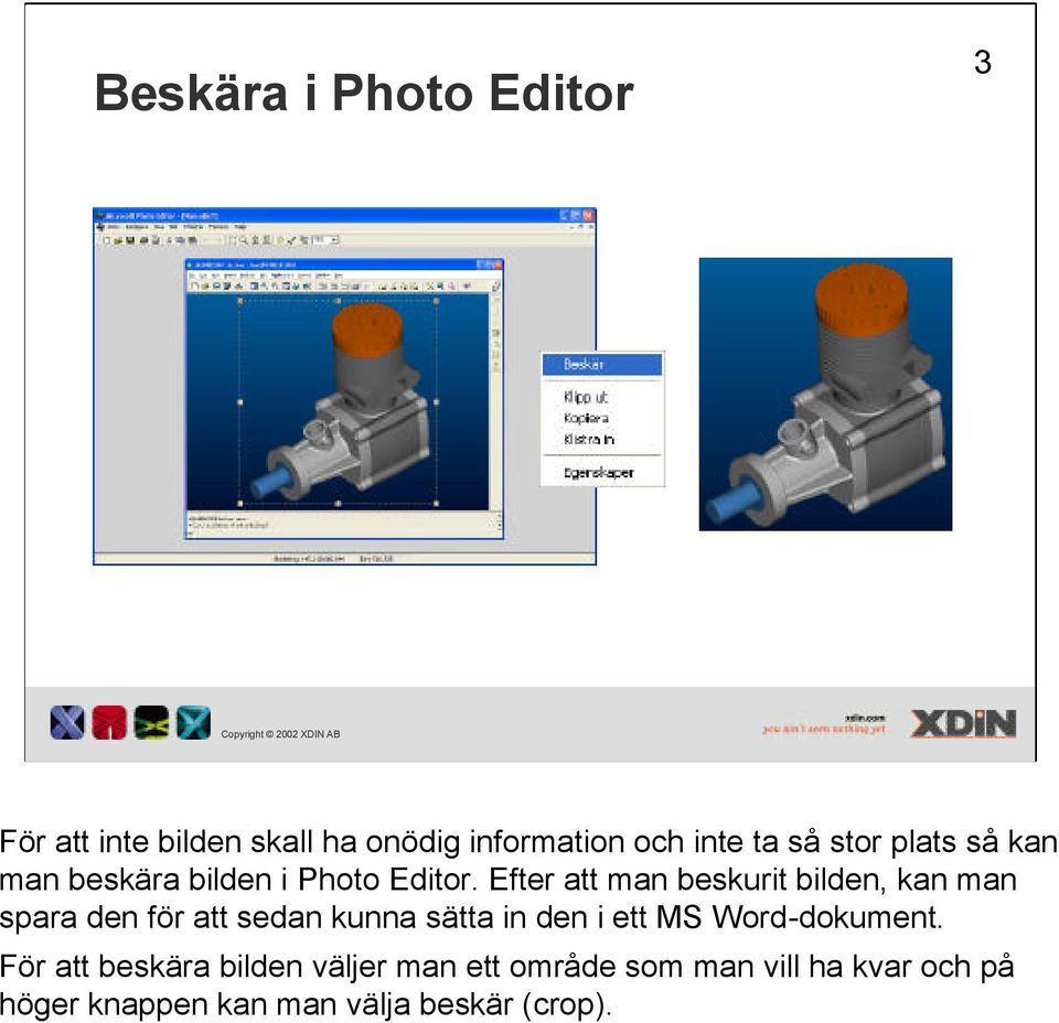 Efter att man beskurit bilden, kan man spara den för att sedan kunna sätta in den i ett MS