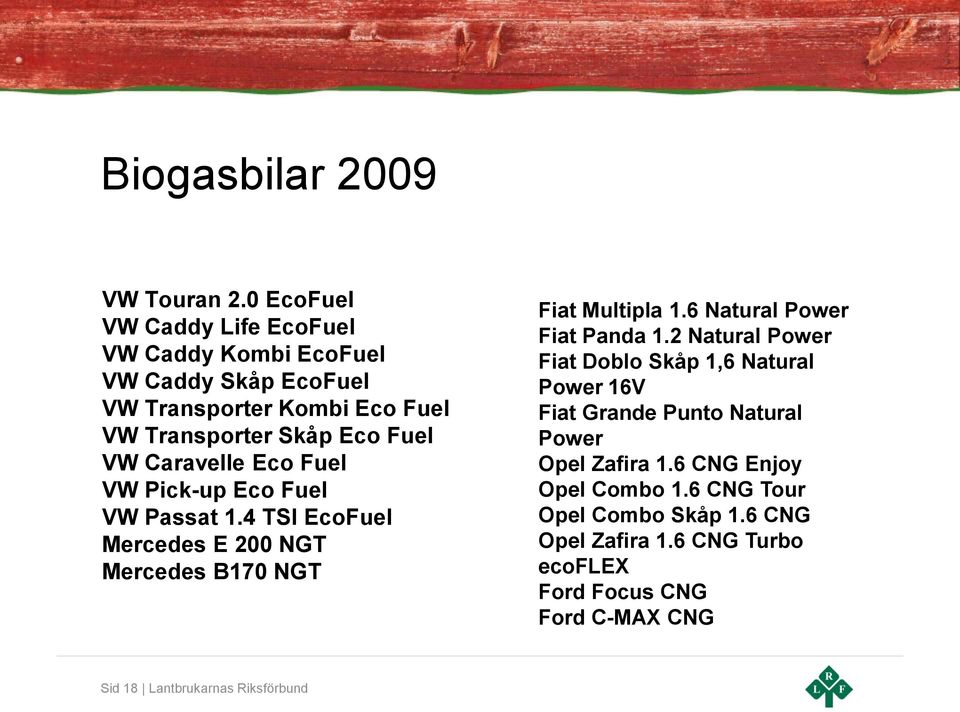 Caravelle Eco Fuel VW Pick-up Eco Fuel VW Passat 1.4 TSI EcoFuel Mercedes E 200 NGT Mercedes B170 NGT Fiat Multipla 1.