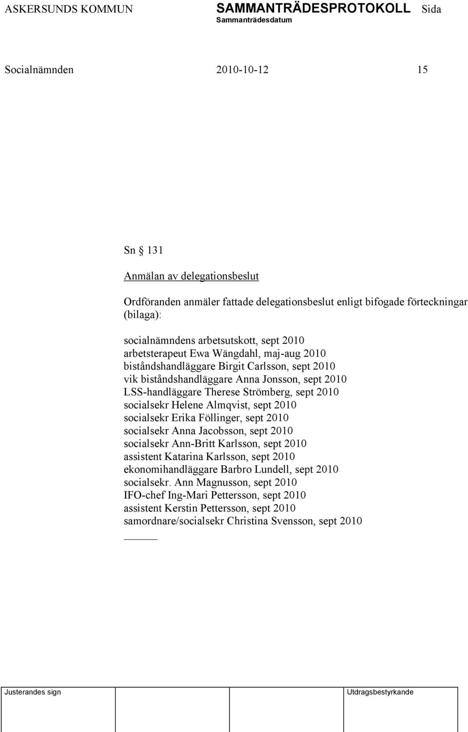 Helene Almqvist, sept 2010 socialsekr Erika Föllinger, sept 2010 socialsekr Anna Jacobsson, sept 2010 socialsekr Ann-Britt Karlsson, sept 2010 assistent Katarina Karlsson, sept 2010