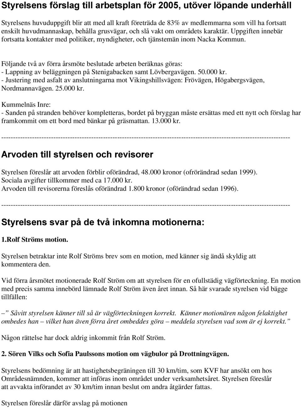 Följande två av förra årsmöte beslutade arbeten beräknas göras: - Lappning av beläggningen på Stenigabacken samt Lövbergavägen. 50.000 kr.