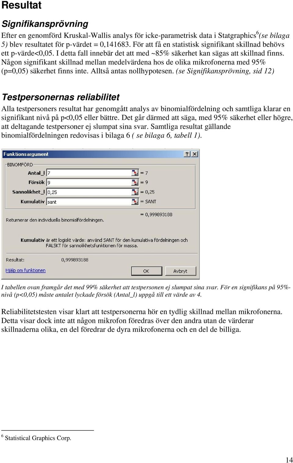 Någon signifikant skillnad mellan medelvärdena hos de olika mikrofonerna med 95% (p=0,05) säkerhet finns inte. Alltså antas nollhypotesen.