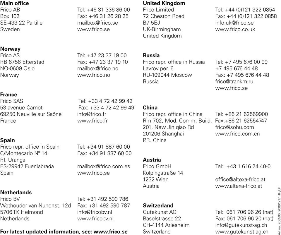B 6756 Etterstad Fax: +47 23 37 19 10 NO-0609 Oslo mailbox@frico.no Norway www.frico.no France Frico SAS Tel: +33 4 72 42 99 42 53 avenue Carnot Fax: +33 4 72 42 99 49 69250 Neuville sur Saône info@frico.
