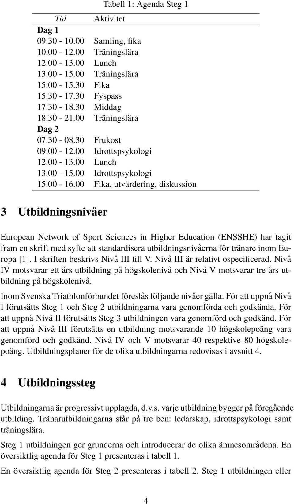 00 Fika, utvärdering, diskussion 3 Utbildningsnivåer European Network of Sport Sciences in Higher Education (ENSSHE) har tagit fram en skrift med syfte att standardisera utbildningsnivåerna för