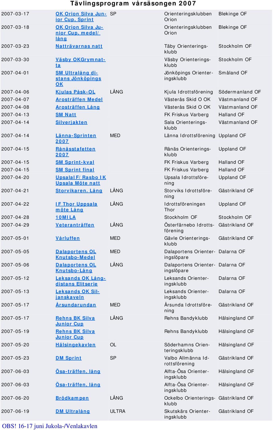 Småland OF 2007-04-06 Kjulas Påsk-OL LÅNG Kjula Idrottsförening Södermanland OF 2007-04-07 Arosträffen Medel Västerås Skid O OK Västmanland OF 2007-04-08 Arosträffen Lång Västerås Skid O OK
