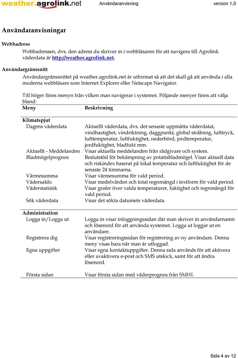 Till höger finns menyn från vilken man navigerar i systemet. Följande menyer finns att välja bland: Meny Beskrivning Klimatspjut Dagens väderdata Aktuellt väderdata, dvs.