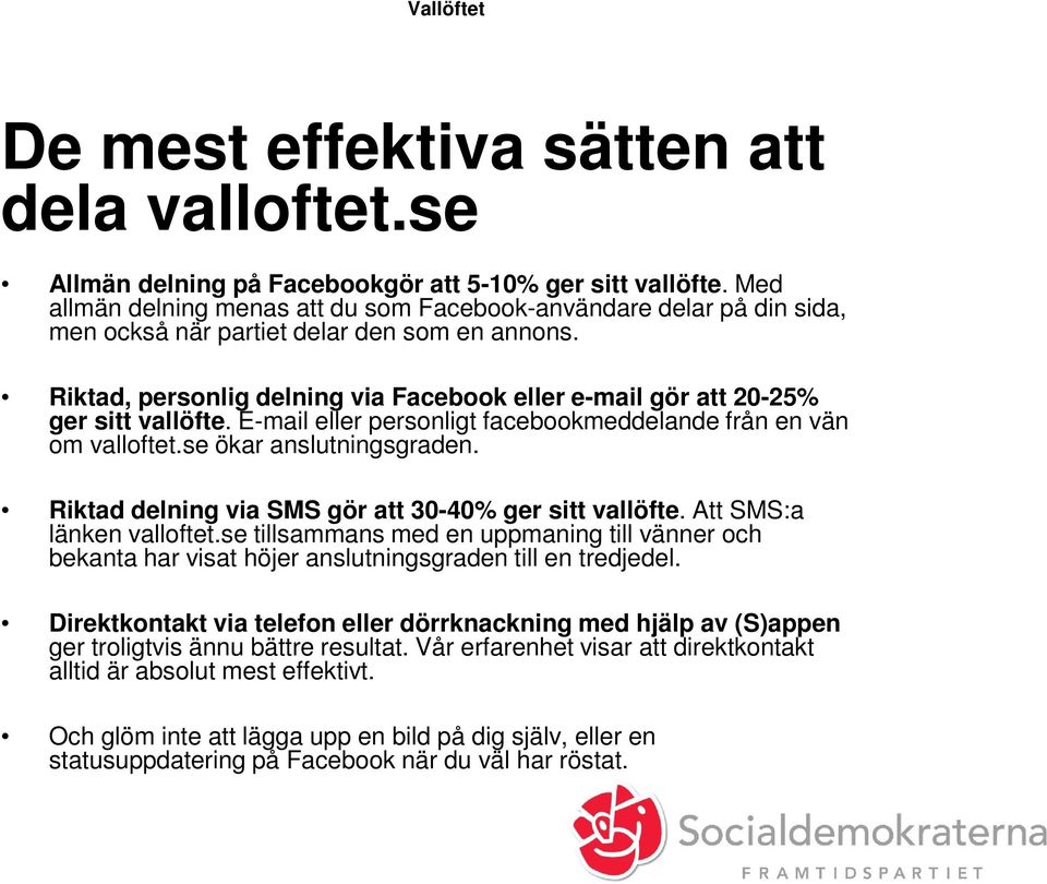 Riktad, personlig delning via Facebook eller e-mail gör att 20-25% ger sitt vallöfte. E-mail eller personligt facebookmeddelande från en vän om valloftet.se ökar anslutningsgraden.