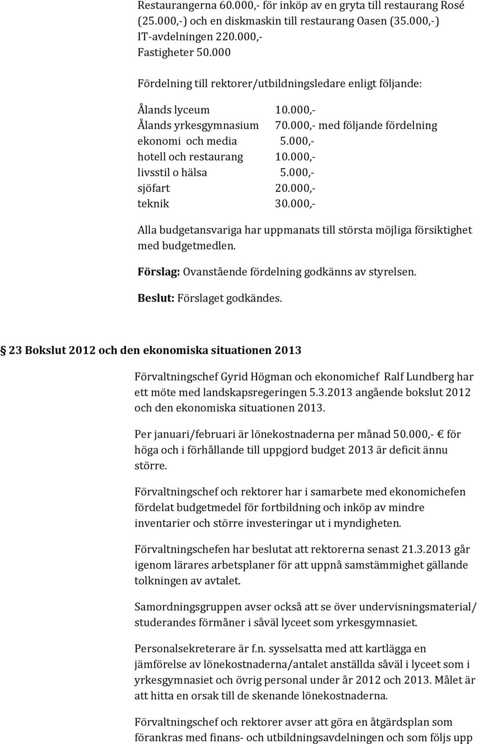 000,- livsstil o hälsa 5.000,- sjöfart 20.000,- teknik 30.000,- Alla budgetansvariga har uppmanats till största möjliga försiktighet med budgetmedlen.