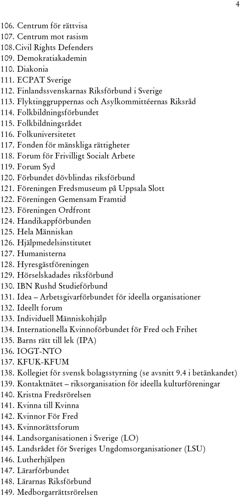 Forum för Frivilligt Socialt Arbete 119. Forum Syd 120. Förbundet dövblindas riksförbund 121. Föreningen Fredsmuseum på Uppsala Slott 122. Föreningen Gemensam Framtid 123. Föreningen Ordfront 124.