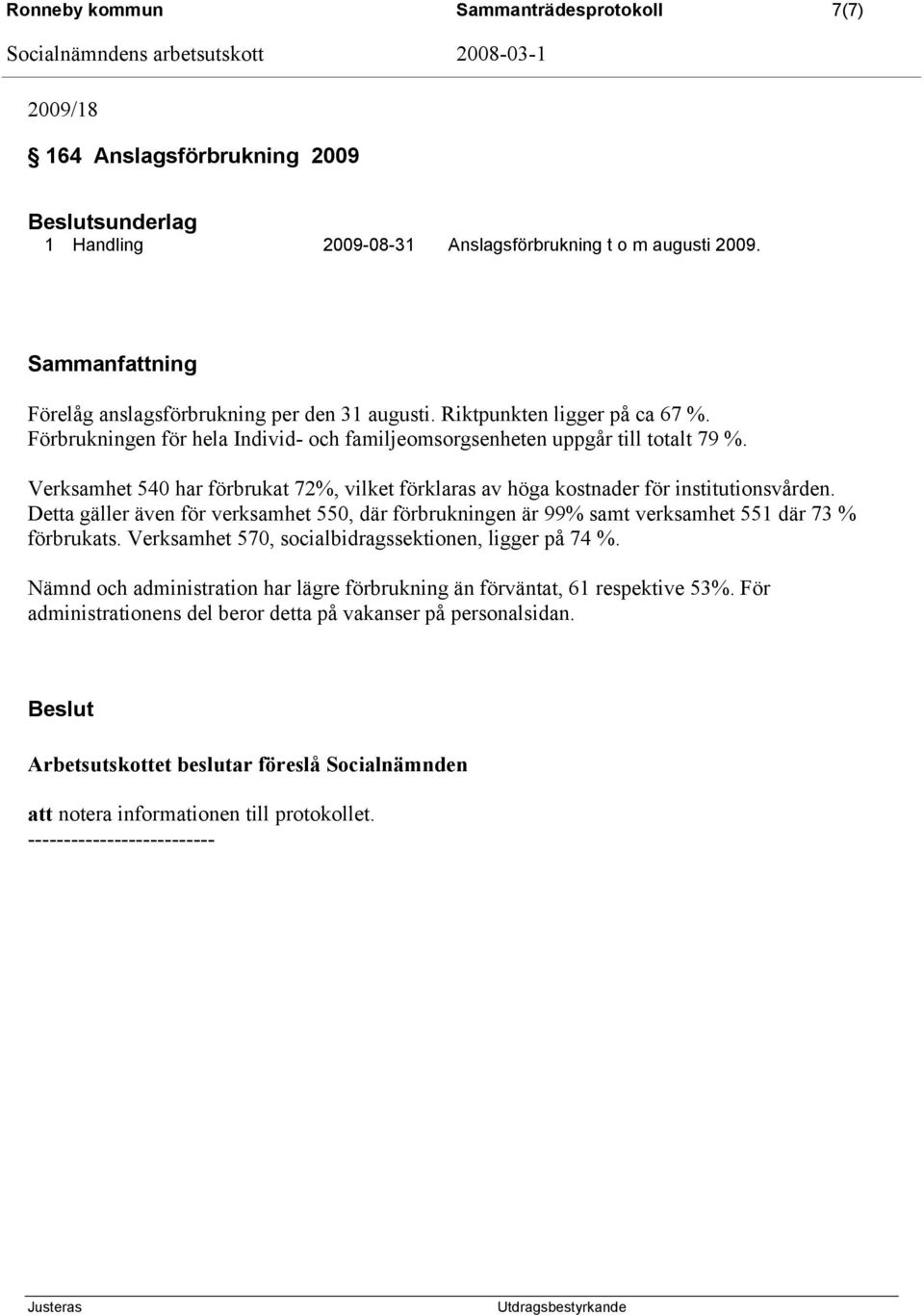 Verksamhet 540 har förbrukat 72%, vilket förklaras av höga kostnader för institutionsvården. Detta gäller även för verksamhet 550, där förbrukningen är 99% samt verksamhet 551 där 73 % förbrukats.