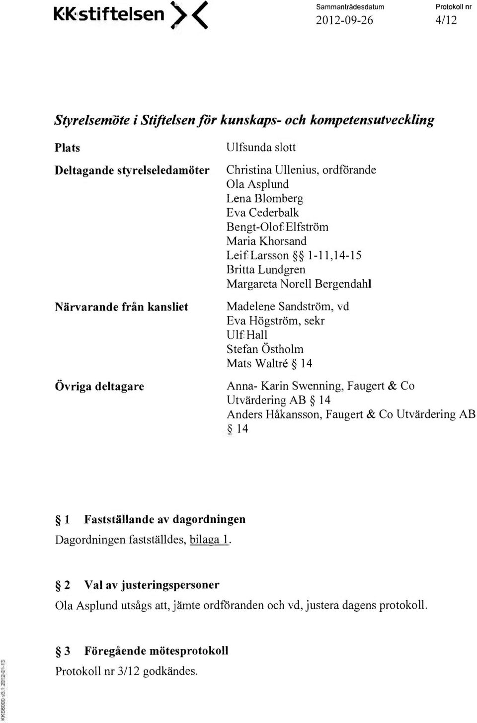 Madelene Sandström, vd Eva Högström, sekr Ulf Hall Stefan Östholm Mats Waltré 14 Anna- Karin Swenning, Faugert & Co Utvärdering AB 14 Anders Håkansson, Faugert & Co Utvärdering AB 8 14 1